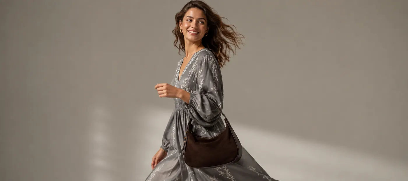 Female model carrying a brown leather shoulder bag