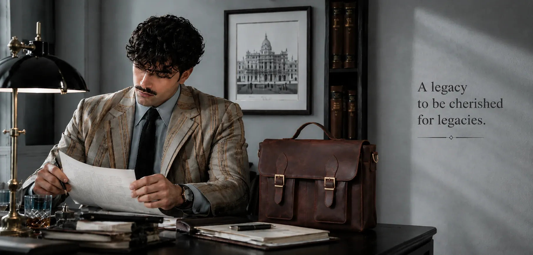 Man at a desk with a Mavelania leather bag