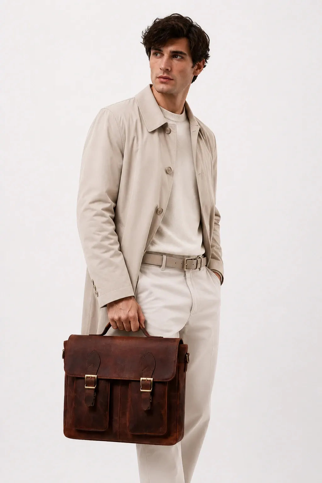 Male model carrying a brown leather briefcase