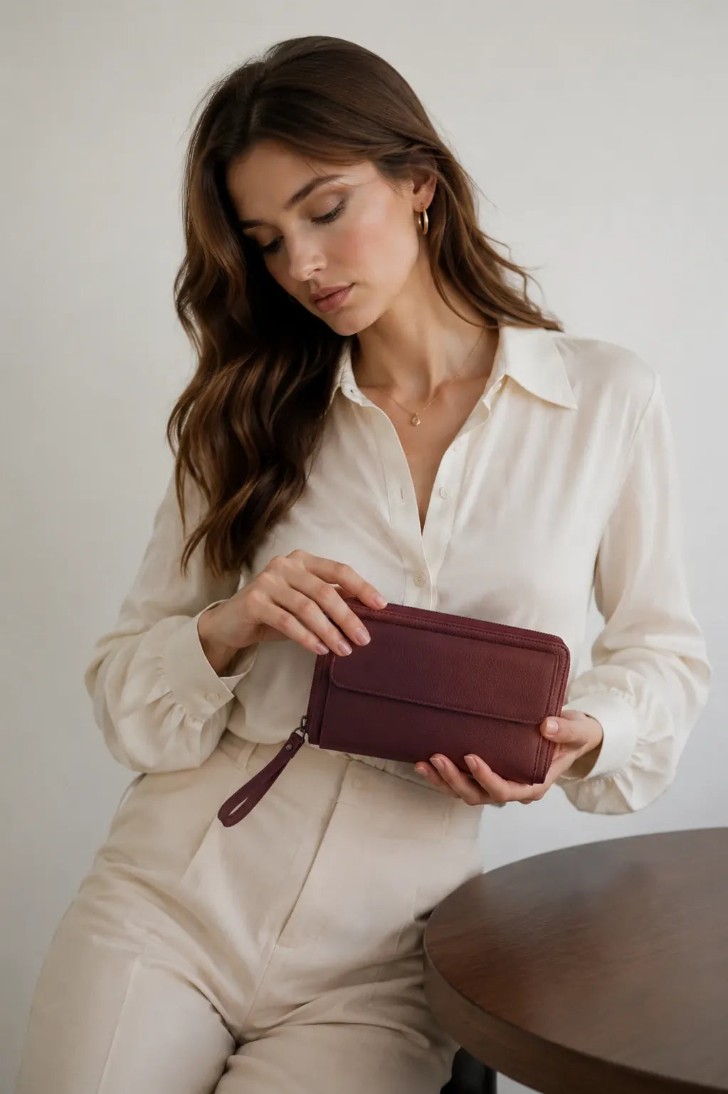 Female model using a leather wallet